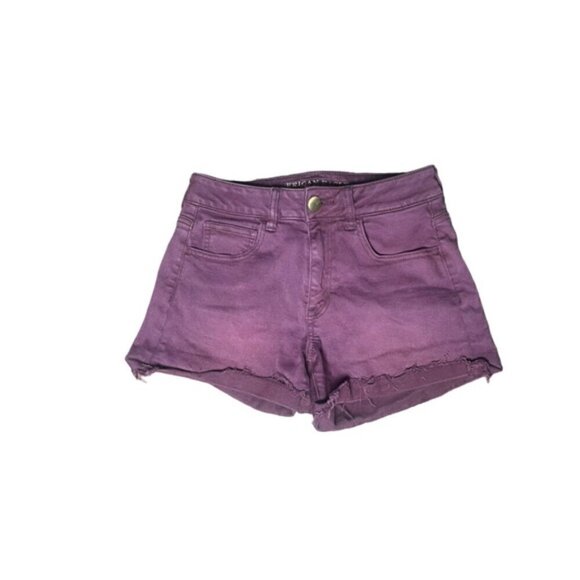 American Eagle 4 Hi-Rise Shortie Denim Stretch Shorts Burgundy Summer Boho Beach - Picture 4 of 5